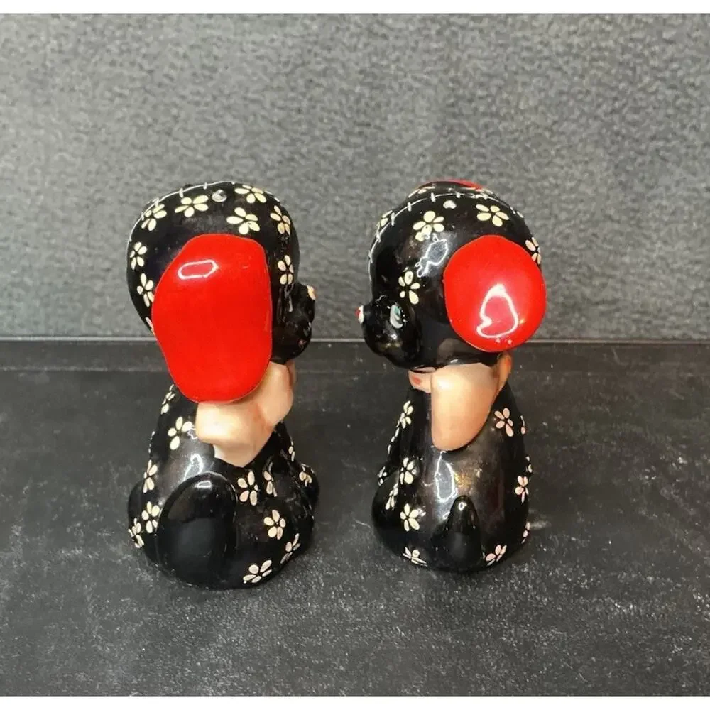 Vintage Precious Lefton Black Calico Puppy Salt & Pepper Shakers